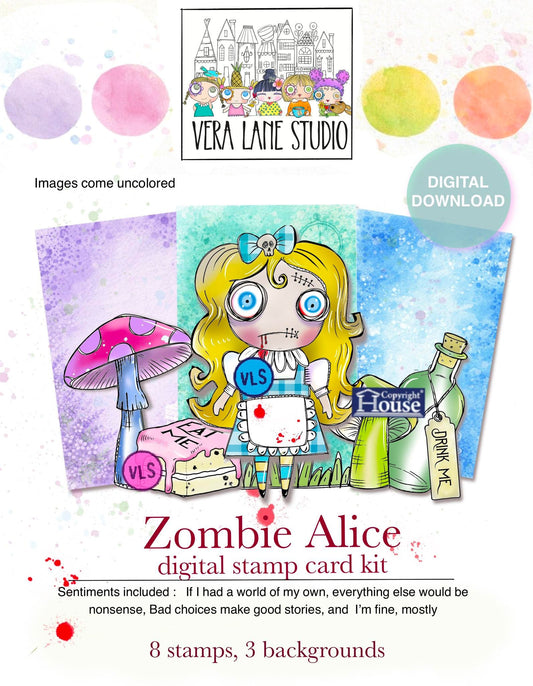 Zombie Alice - wonderland inspired digital card kit, 8 stamps 3 backgrounds