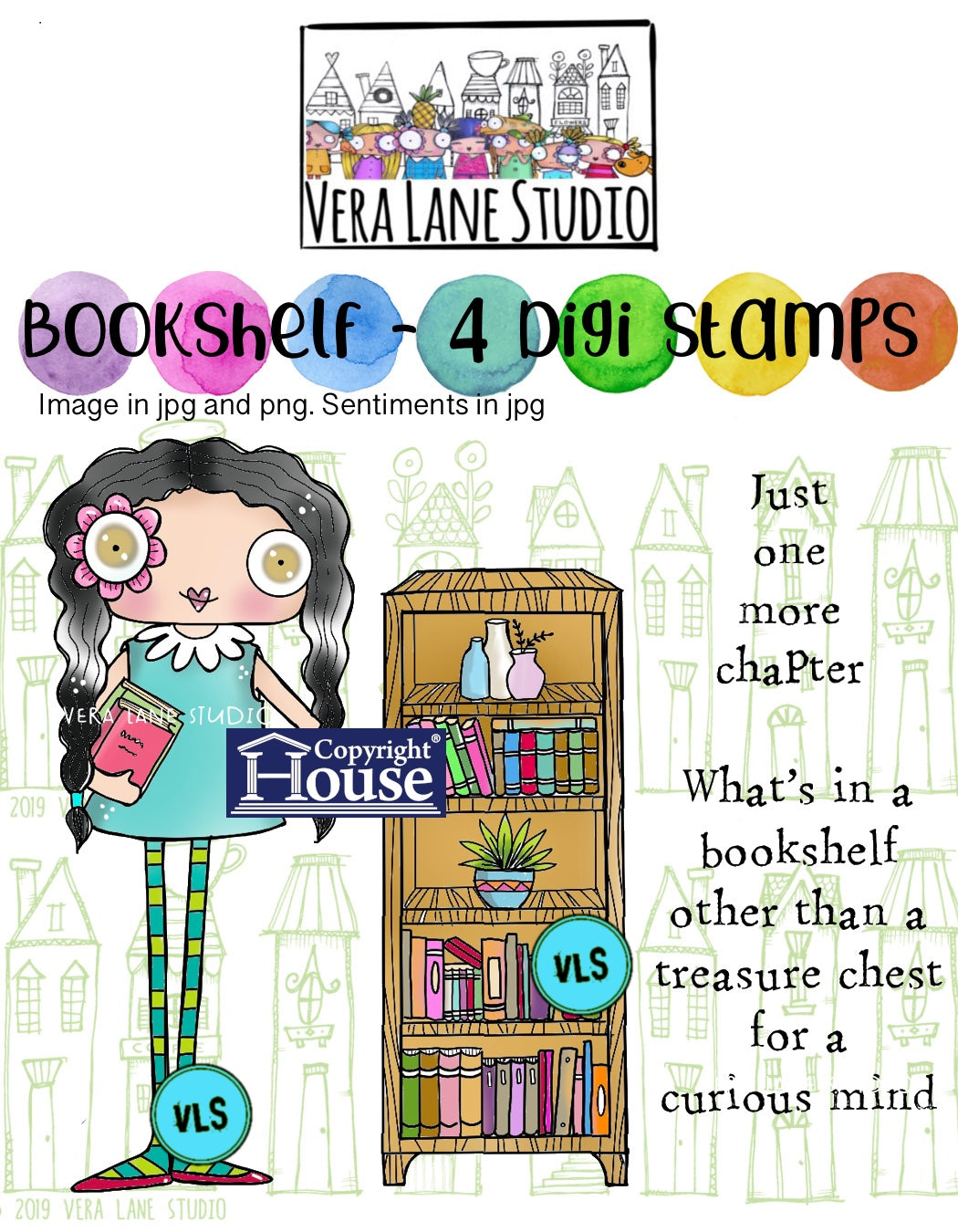 Bookshelf - 4 Digi stamps in jpg and png files