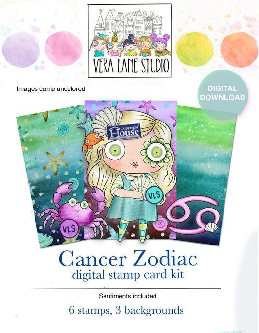 Cancer Zodiac Girl Digital Stamp Kit Hand Drawn Card Making Junk Journal PNG JPG