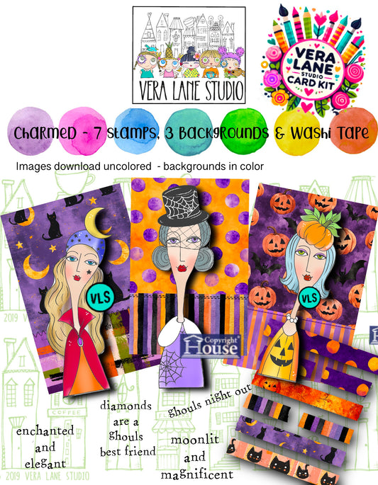Charmed Digital Stamp Set – 7 Quirky Witches, Halloween Backgrounds & Washi Tape