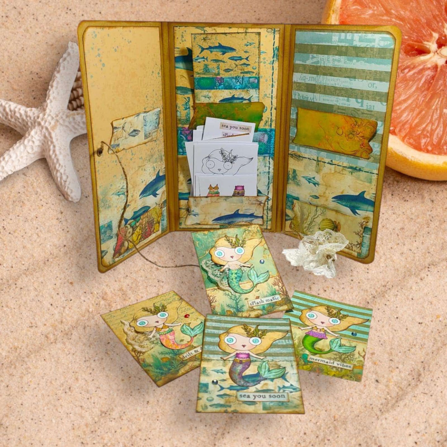 Pearls and Tides Mixed Media Mermaid Kit – 26 Digital Files with Mermaid Doll, Outfits, ATC and Card Backs, Word Clips, Faux Washi