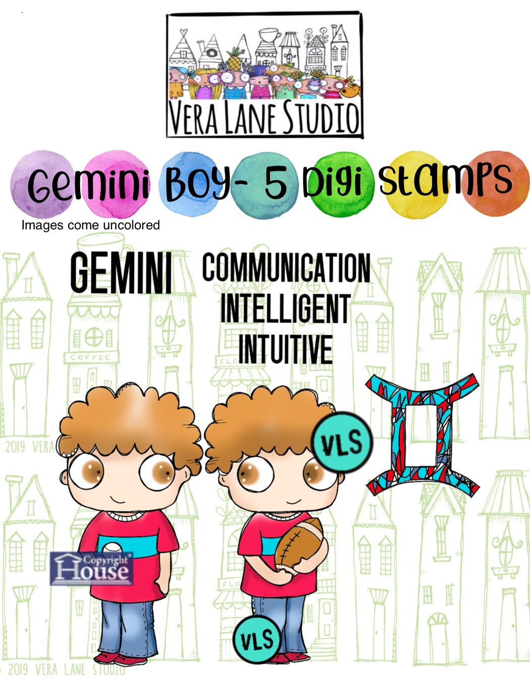 Gemini Boy - 5 Digi stamps in jpg and png files