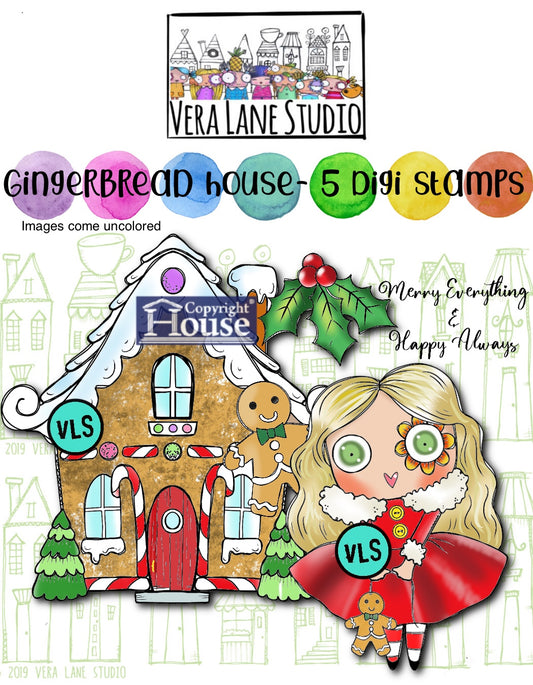 Gingerbread House -5 Digi stamps in jpg and png  files