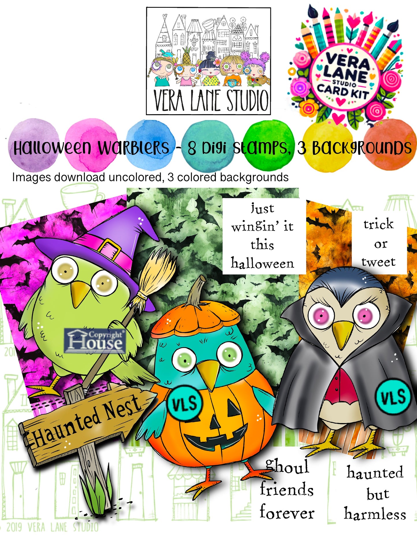 Halloween  Warblers Digital Stamp Card Kit – Cute Bird Digi Stamp Set with Spooky Backgrounds for Card Making, Journals & Scrapbooking
