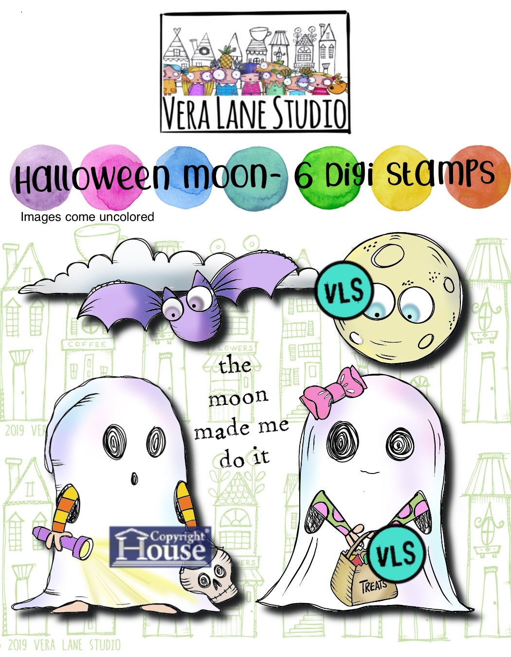 Halloween Moon - 6 Digi stamps in jpg and png files