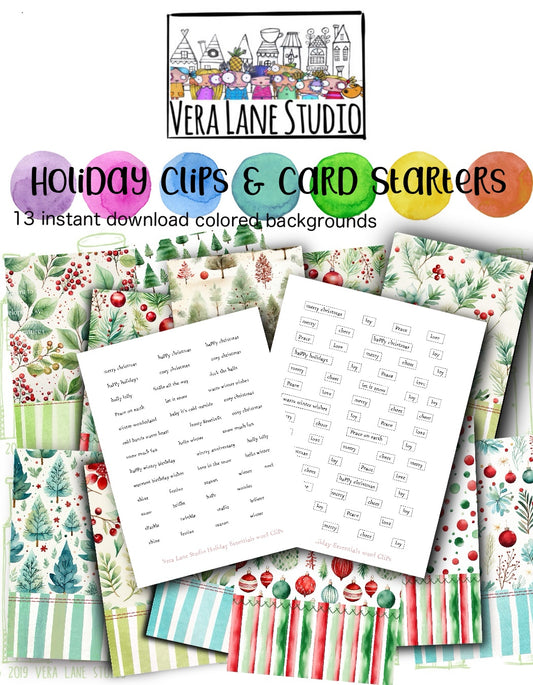 Holiday Clips and Card Starts - 13 holiday themed backgrounds, 2 PDF pages of sentiments