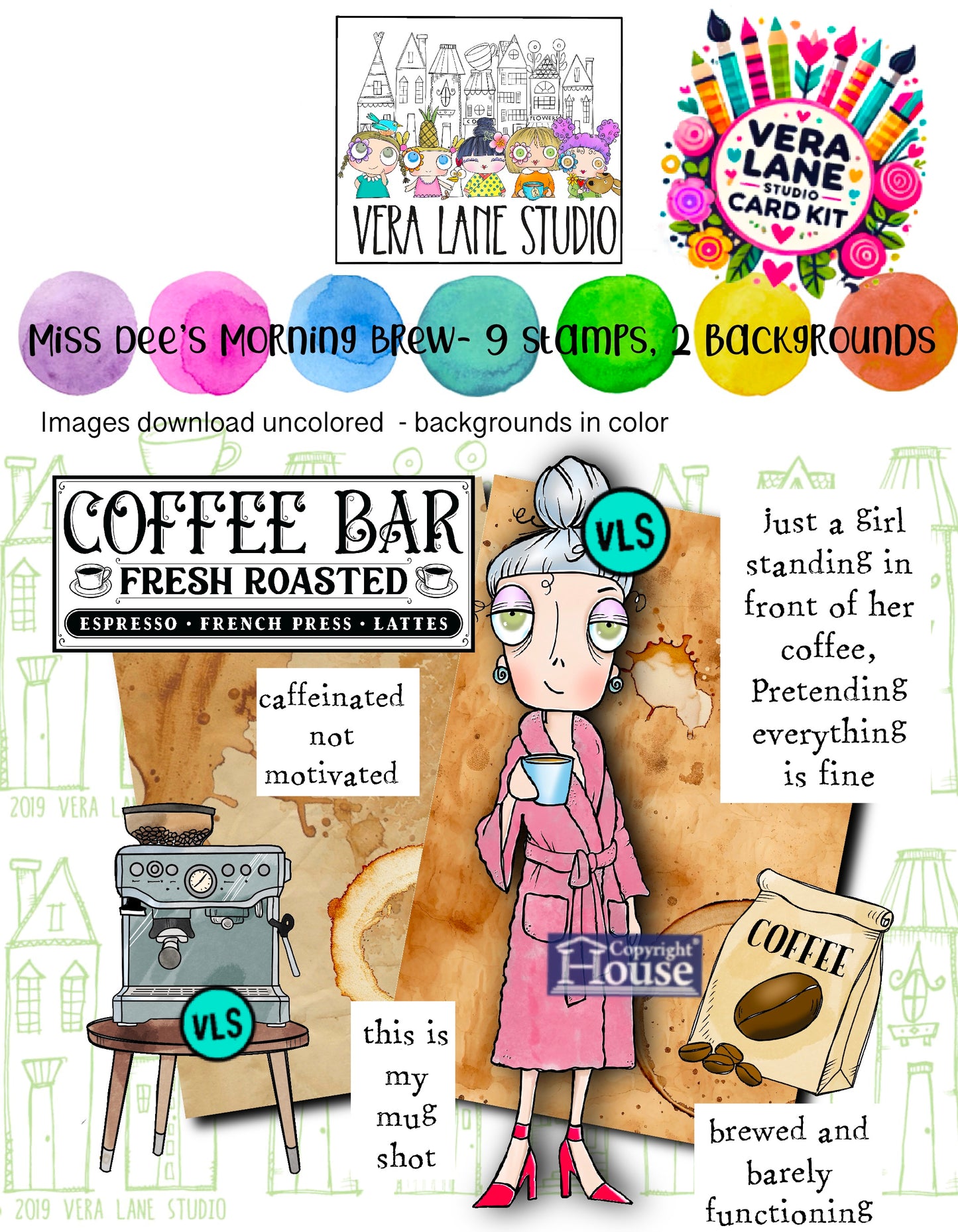 Miss Dee’s Morning Brew Card Kit bundle  - 9 stamps, 2 backgrounds