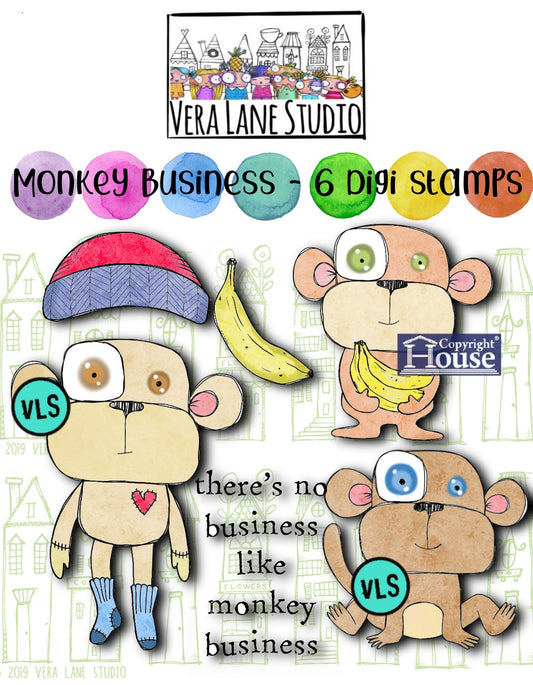 Monkey Business- 6 Digi stamps in jpg and png files