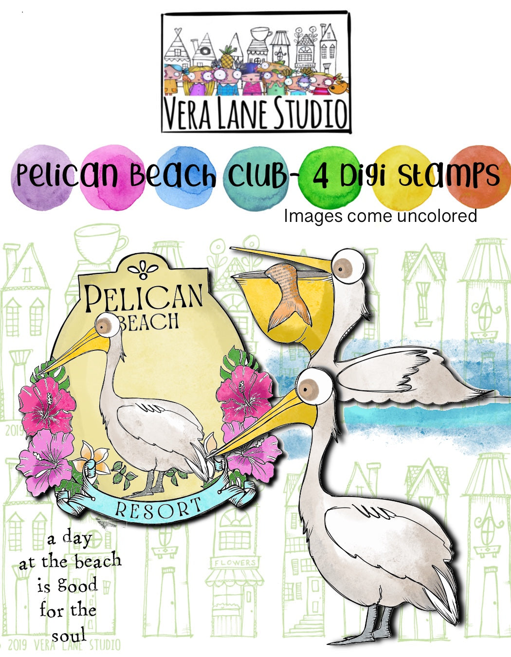 Pelican Beach - 4 Digi stamps in jpg and png files