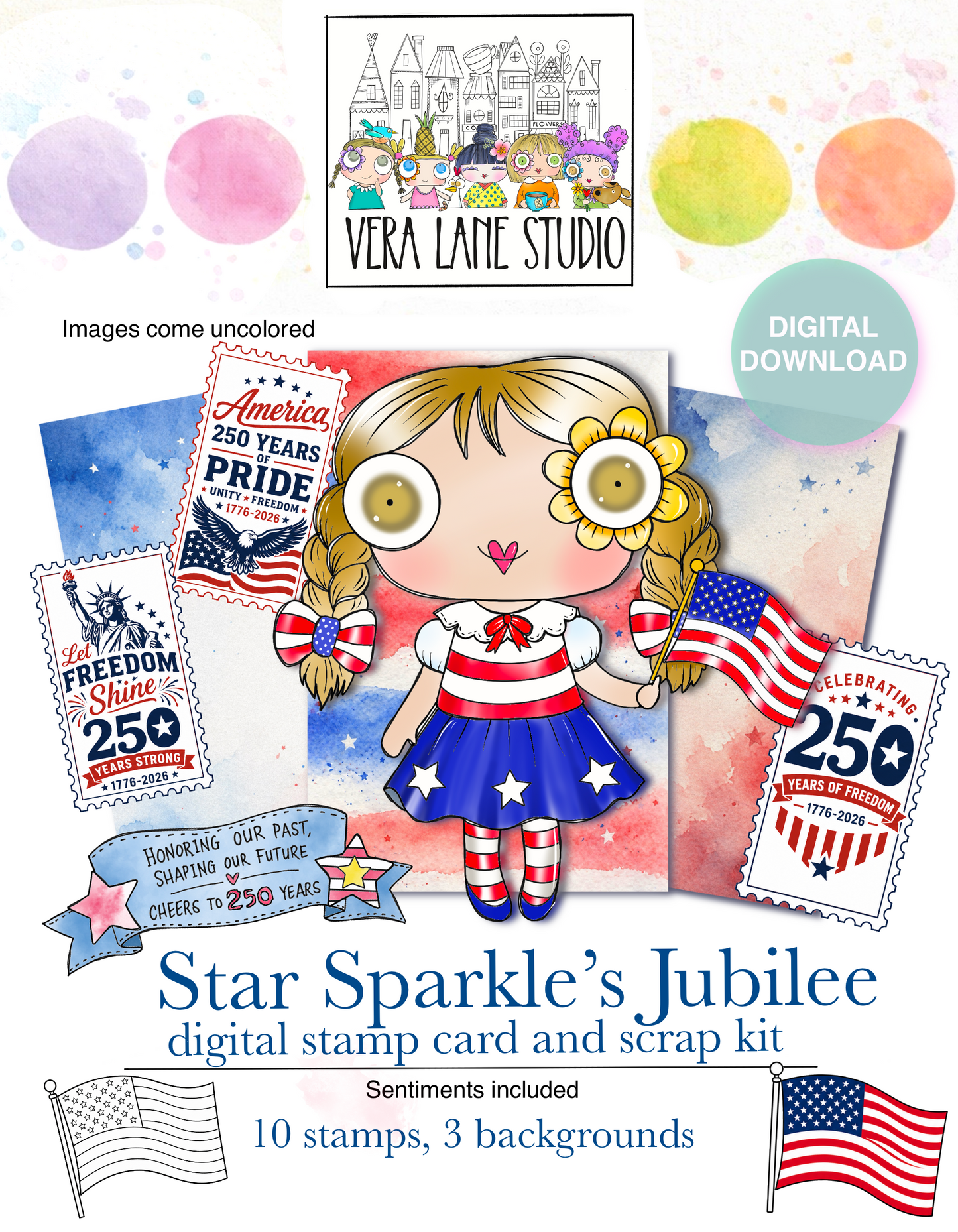 Patriotic Girl Stamp Set, Star Sparkle's Jubilee, 250 Years Celebration (Digital Download