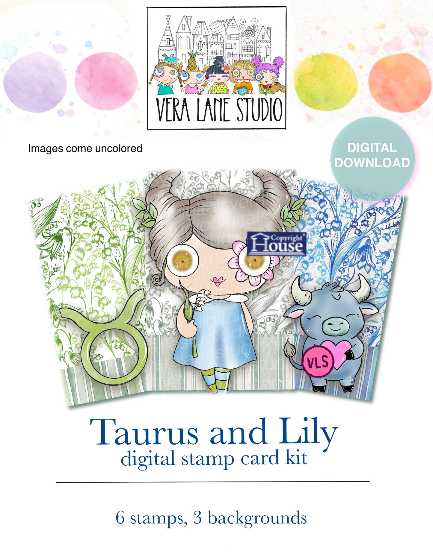 Taurus Lily Zodiac Digital Stamp Kit, Hand Drawn Illustrations (Digital Download)