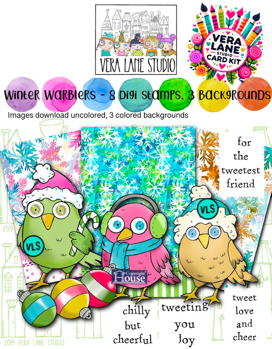 Winter Warblers Digital Stamps – Cute Bird Digi Stamp Set with Winter Backgrounds for Card Making, Journals & Scrapbooking