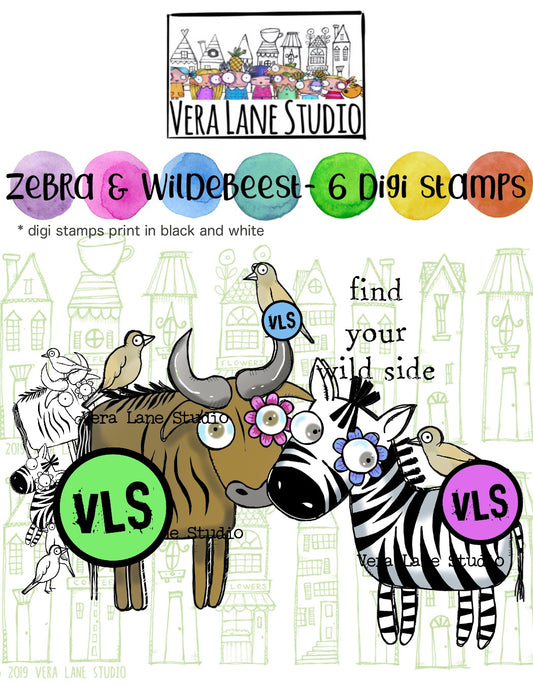 Zebra and Wildebeest -  6 digi stamp set in jpg and png files