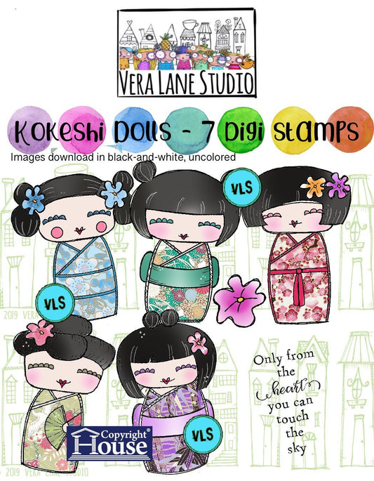 Kokeshi Dolls - 7 Digi Stamp bundle in png and jpg files