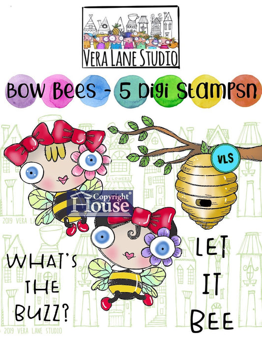 Bow Bees - quirky honey bees digi stamp bundle - 5 images