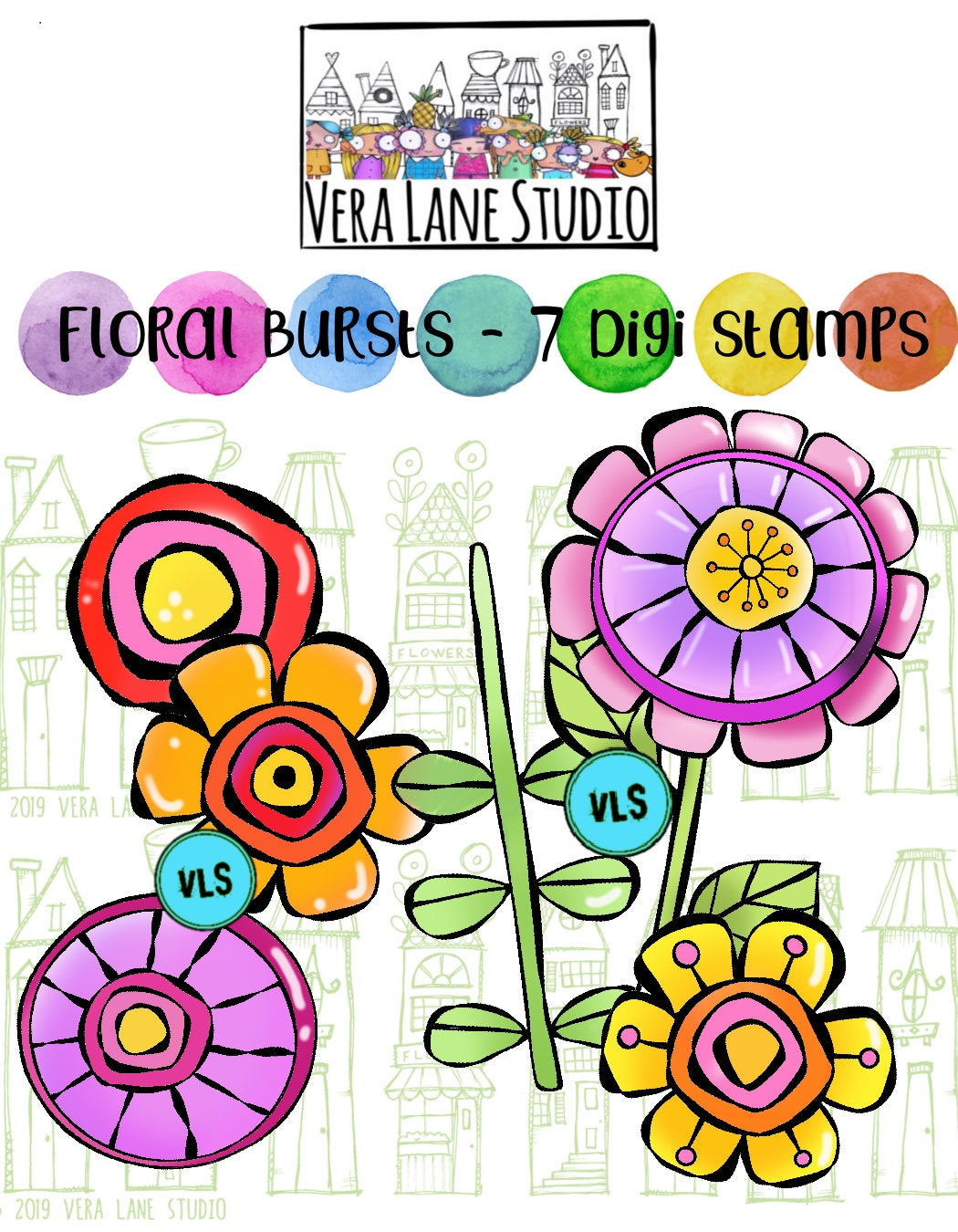 Floral Bursts - 7 Digi stamps in jpg and png files
