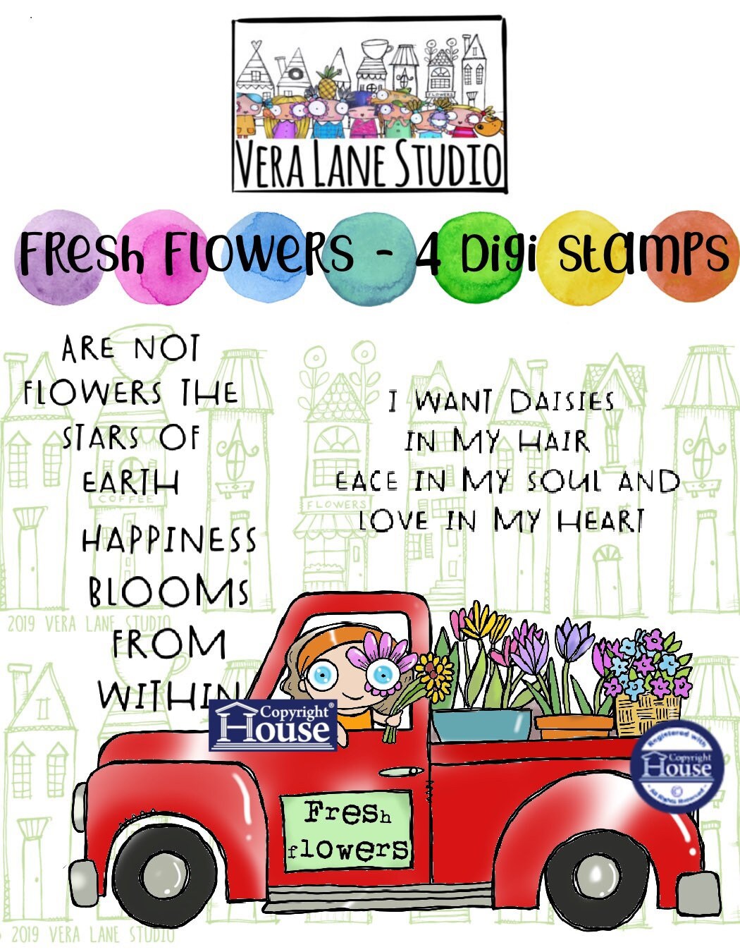 Fresh Flowers- 4 Digi stamps in jpg and png files