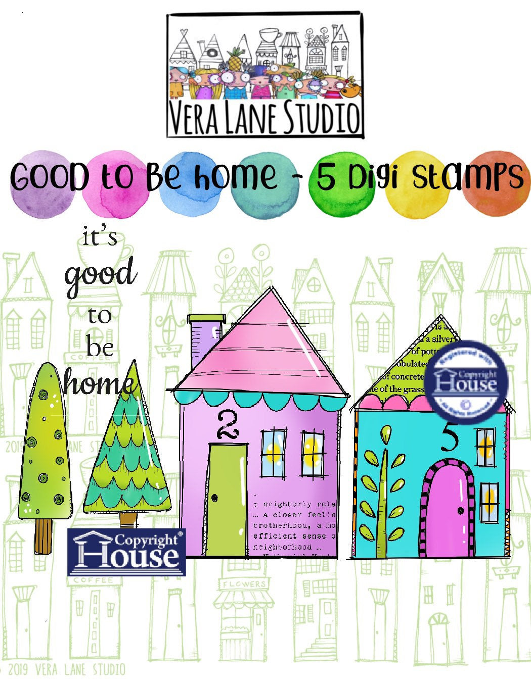 It's Good to be Home - Adorable little whimsical houses and trees with quote - 5 digi image set