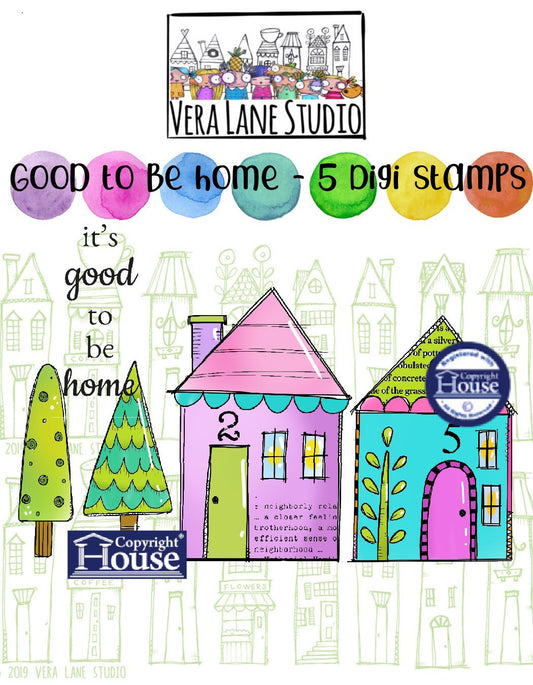 It's Good to be Home - Adorable little whimsical houses and trees with quote - 5 digi image set