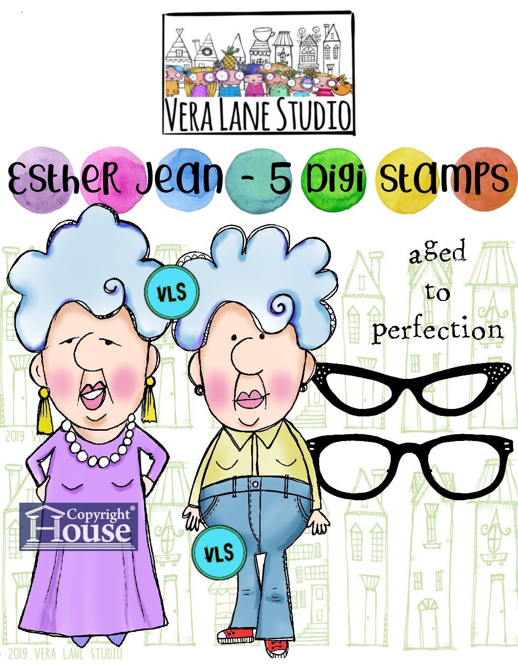 Ester Jean - quirky and whimsical senior citizen woman digi stamp set
