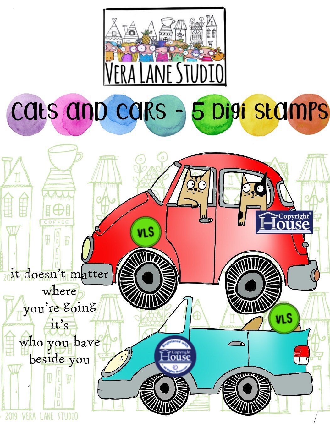 Cats and Cars - 5 Digi stamp set in jpg and PNG files