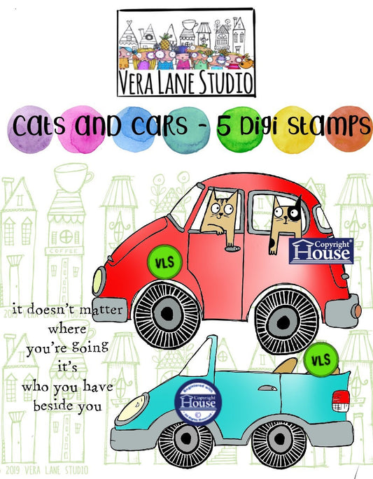 Cats and Cars - 5 Digi stamp set in jpg and PNG files