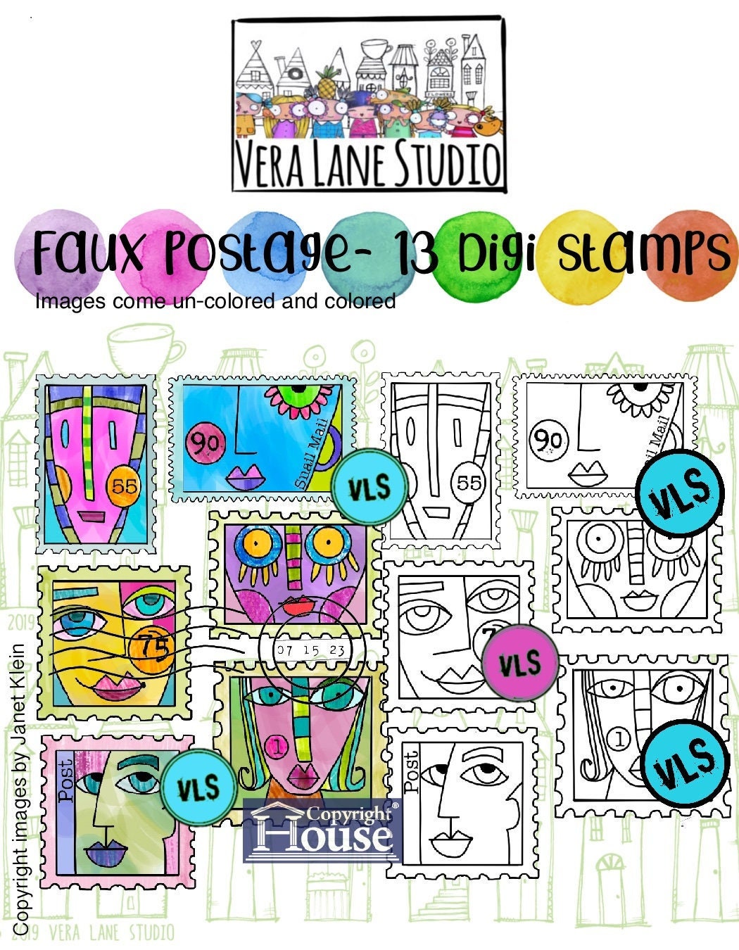 Faux postage - 13 Digi stamps in jpg and png files