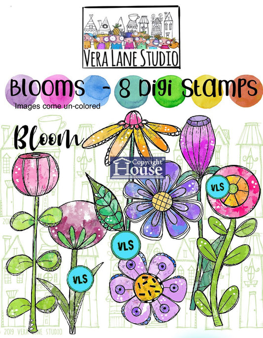 Blooms - 8 digi stamps/ whimsical flowers and buds