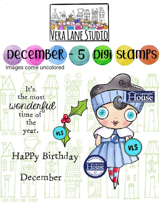 December - Whimsical and quirky winter girl for December celebrations; 4 digi stamp set