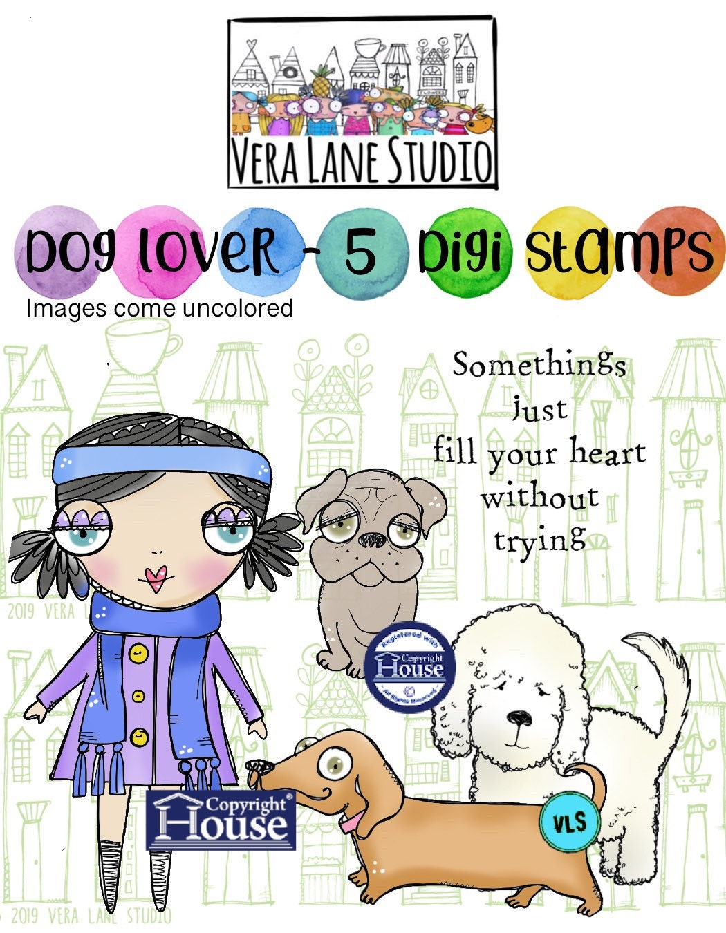 Dog Lover - Whimsical girl with three dogs and a sentiment digi stamp set available for instant download