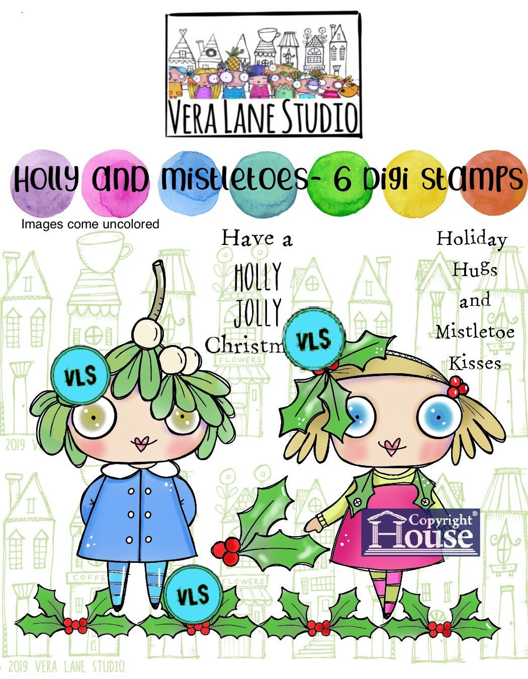 Holly and Mistletoes - whimsical 6 digi stamp bundle