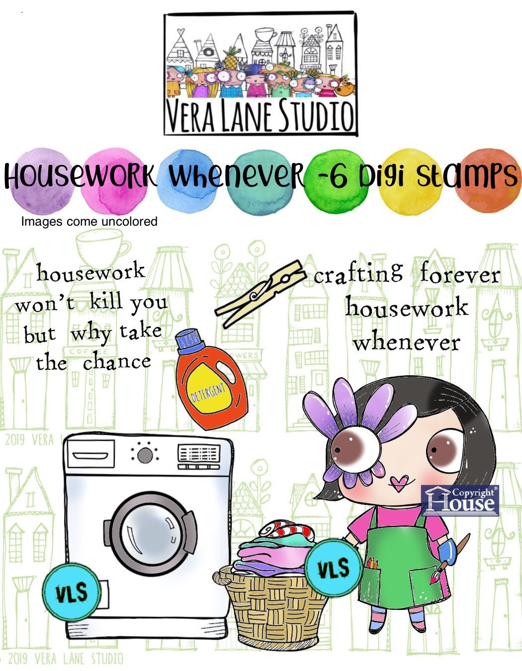 Housework whenever -  7 digi stamp bundle in jpg and png files