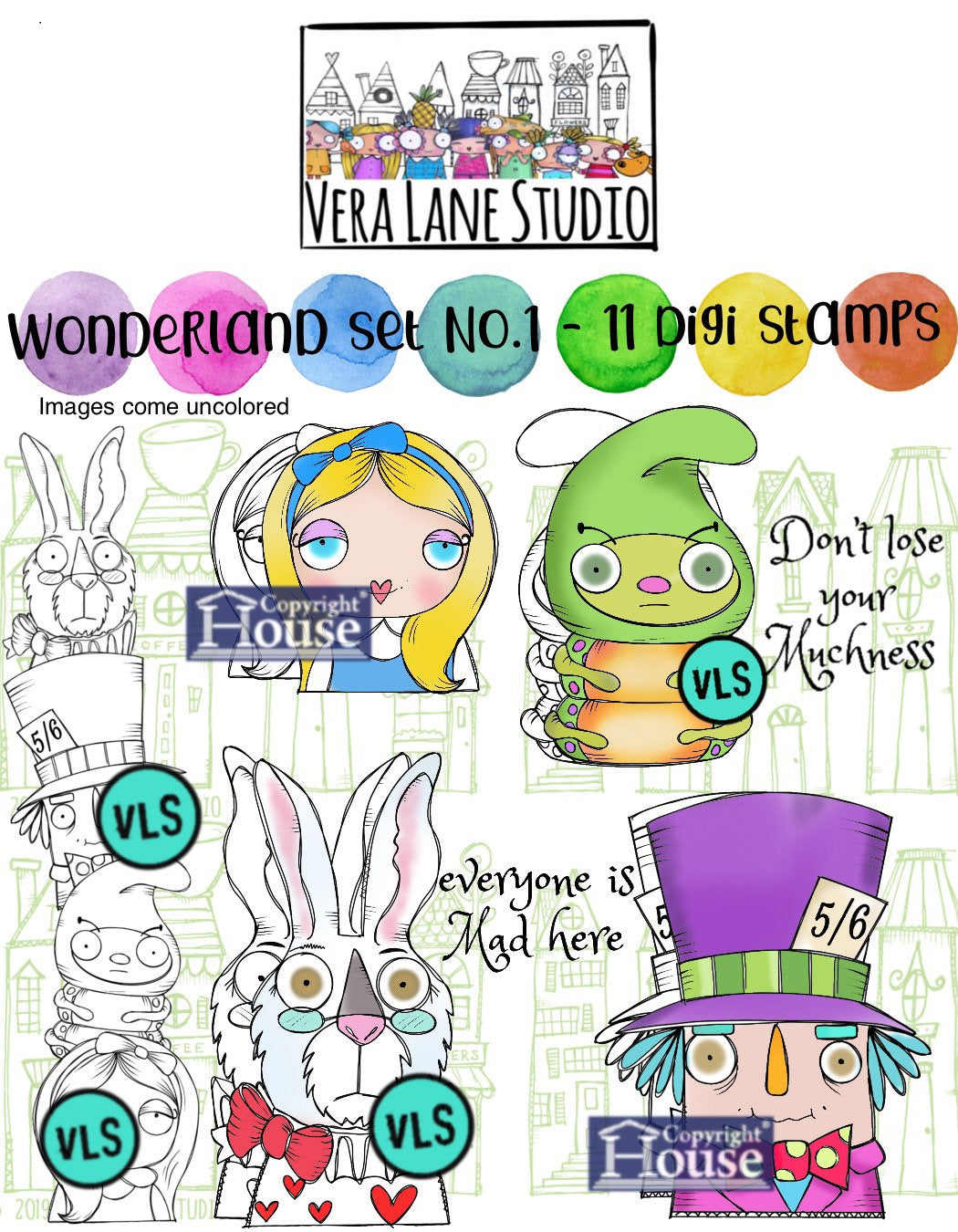 Wonderland Set 1 - Alice, Mad Hatter, White Rabbit, and Caterpillar 11 digi stamp bundle