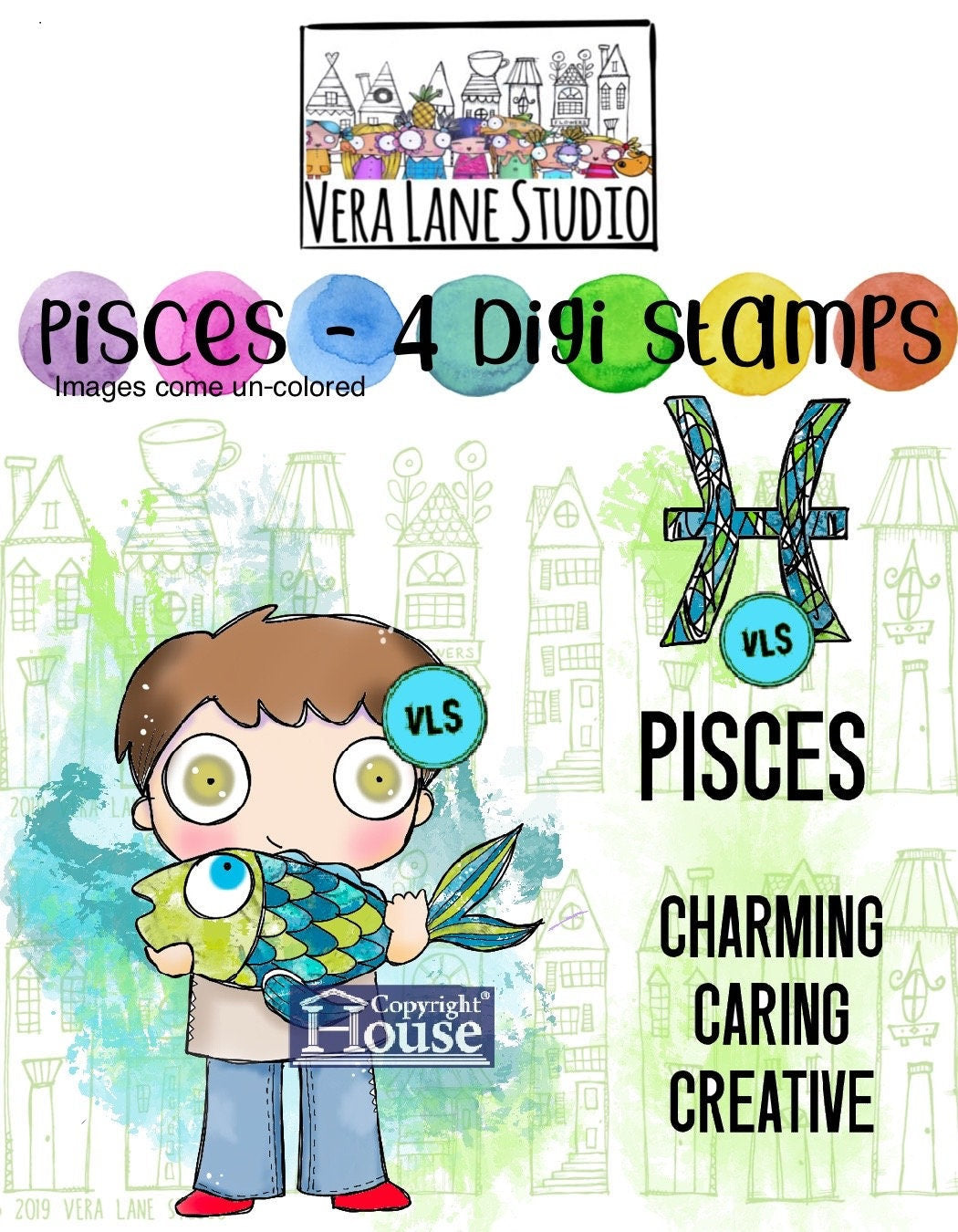 Pisces  boy  - 4 Digi stamp bundle in PNG and JPG files