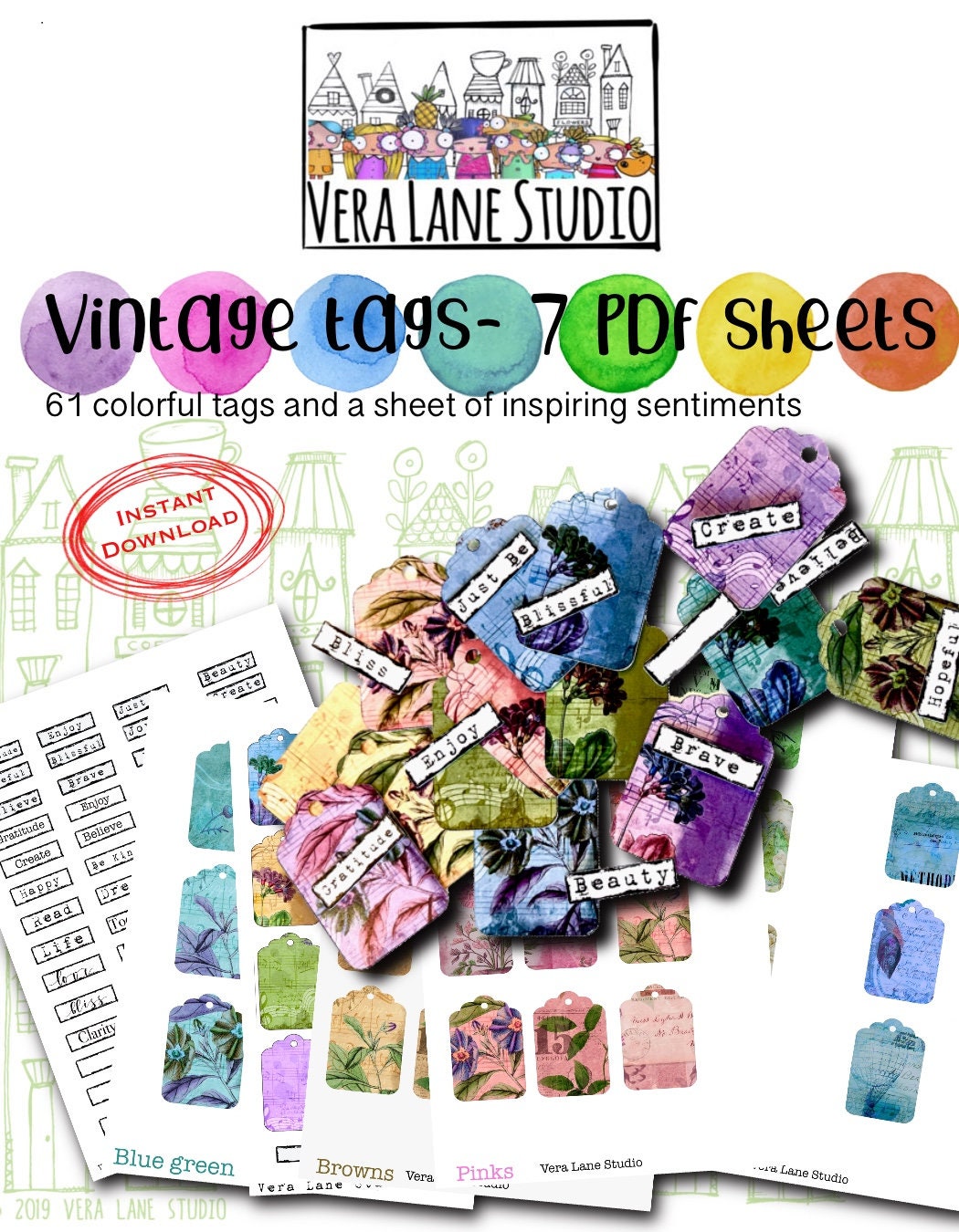 Vintage Tags- SEVEN  collage Sheets in PDF for instant download
