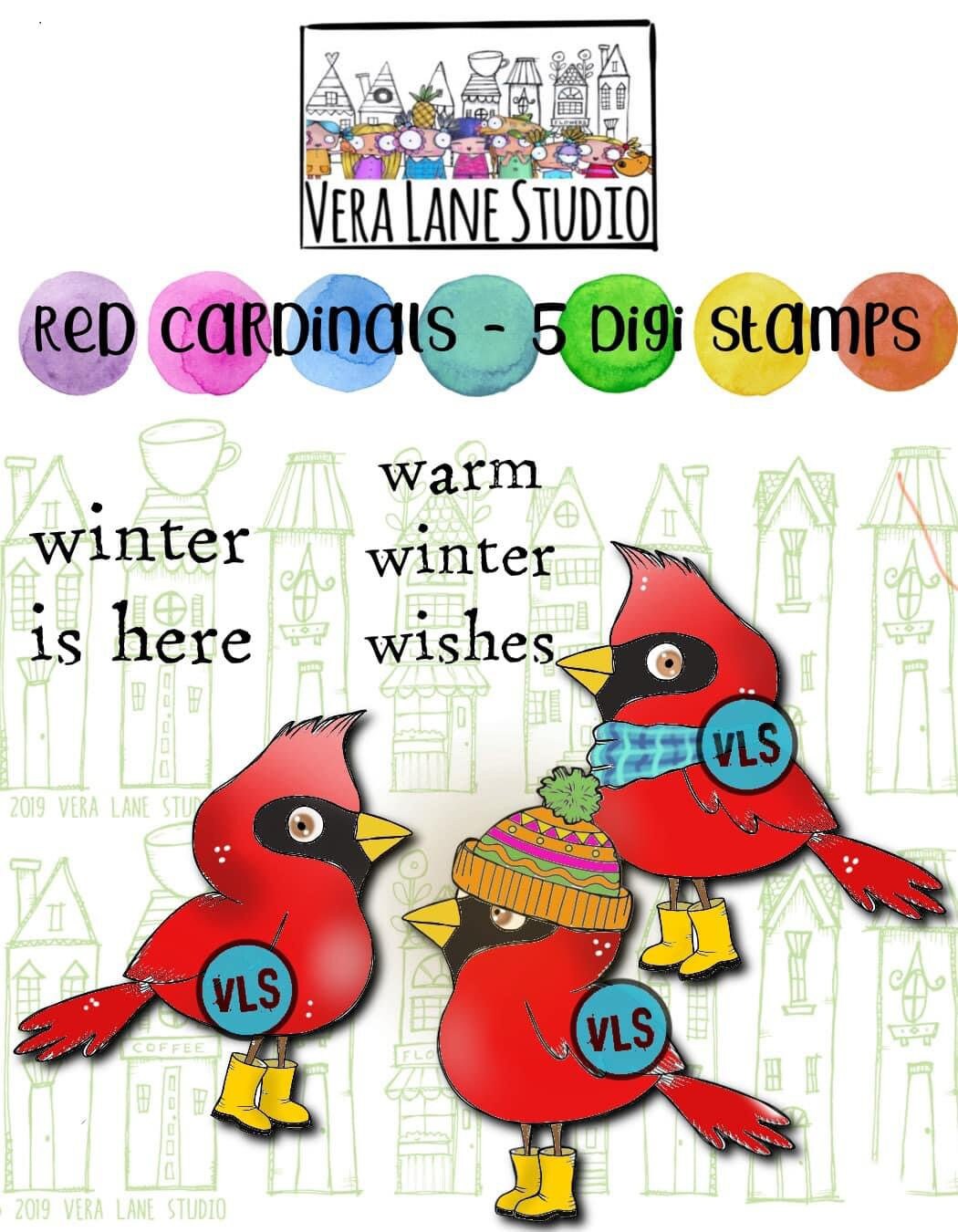 Red Cardinals   - 5 Digi stamp bundle in jpg and png files be