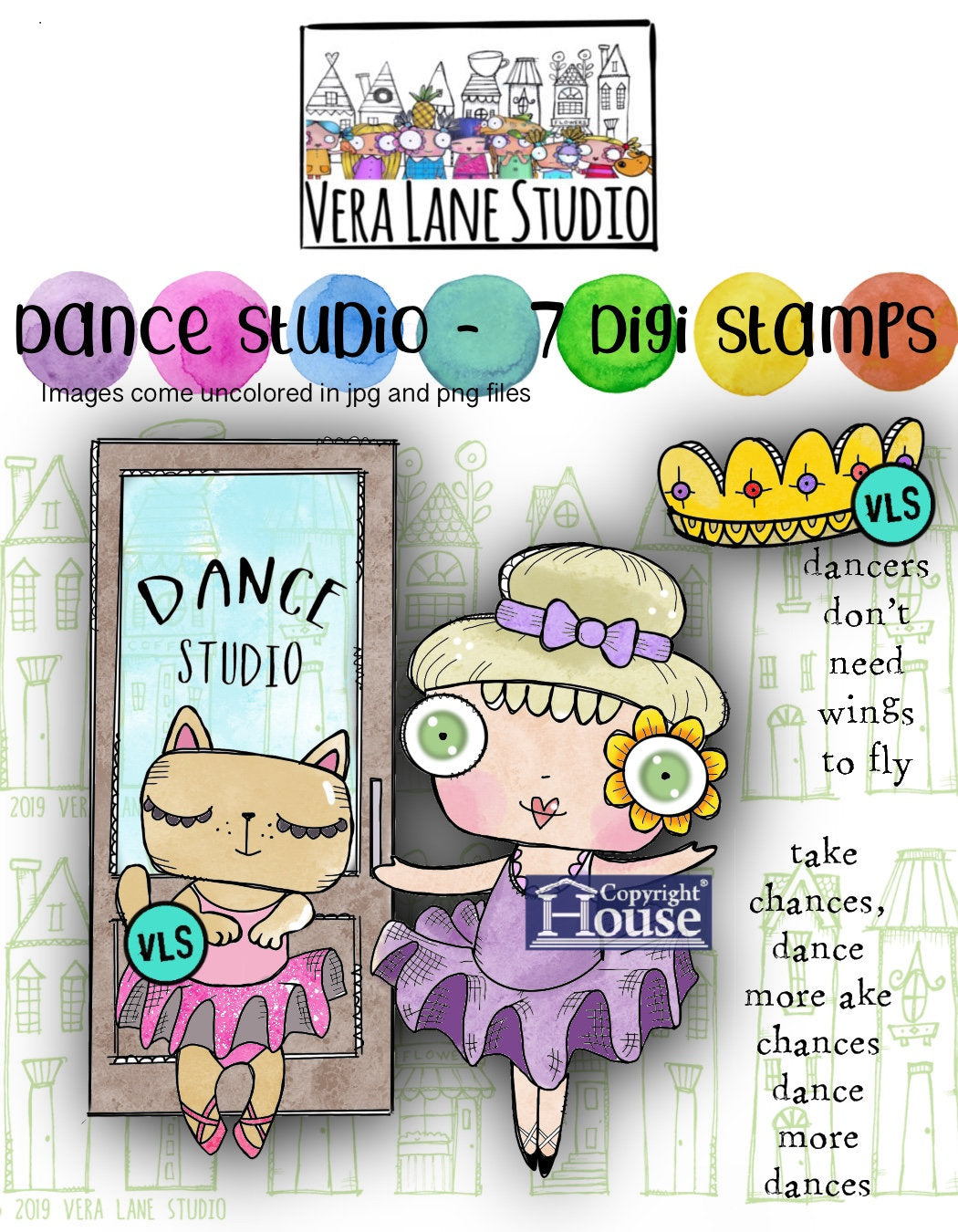 Dance Studio - 7 digi stamp set with whimsical dancer and cat in png and jpg files - ready for instant download