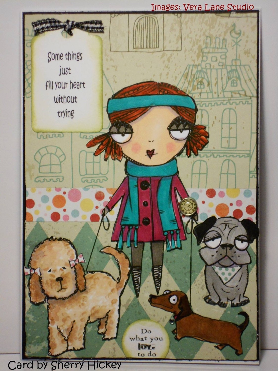 Dog Lover - Whimsical girl with three dogs and a sentiment digi stamp set available for instant download